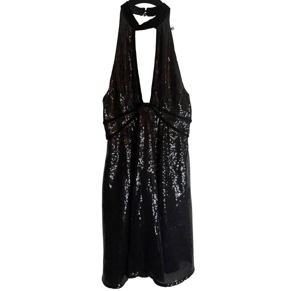 Free People Black Sequin Halter Mini Dress Velvet Trim Plunging Neck NWT